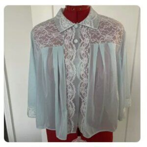 Vintage Henson Kickernick Sheer Blue Nylon Bed Jacket Top Chiffon Lace Size M